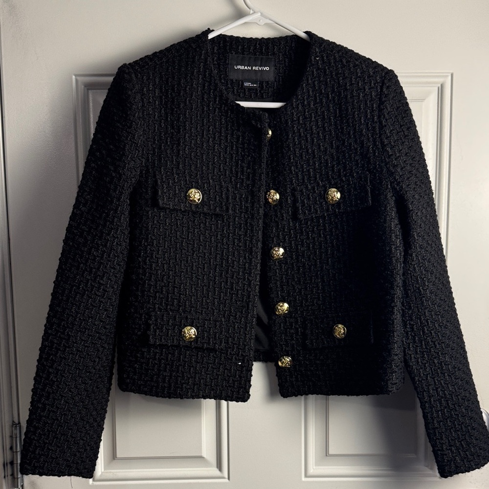 Urban Revivo Black Textured Blazer with Gold Accents